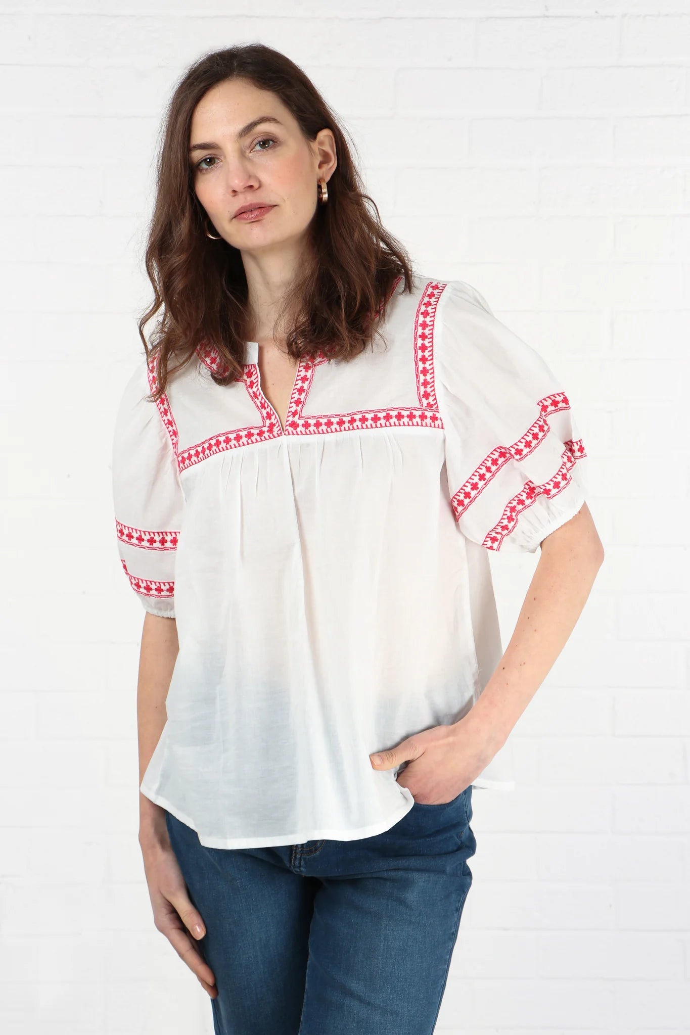 Short Sleeve Cotton Blouse with Red Embroidery in White