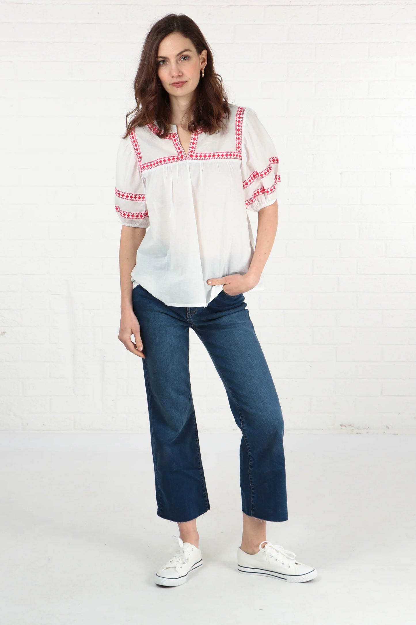 Short Sleeve Cotton Blouse with Red Embroidery in White