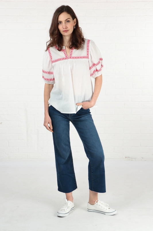 Short Sleeve Cotton Blouse with Red Embroidery in White