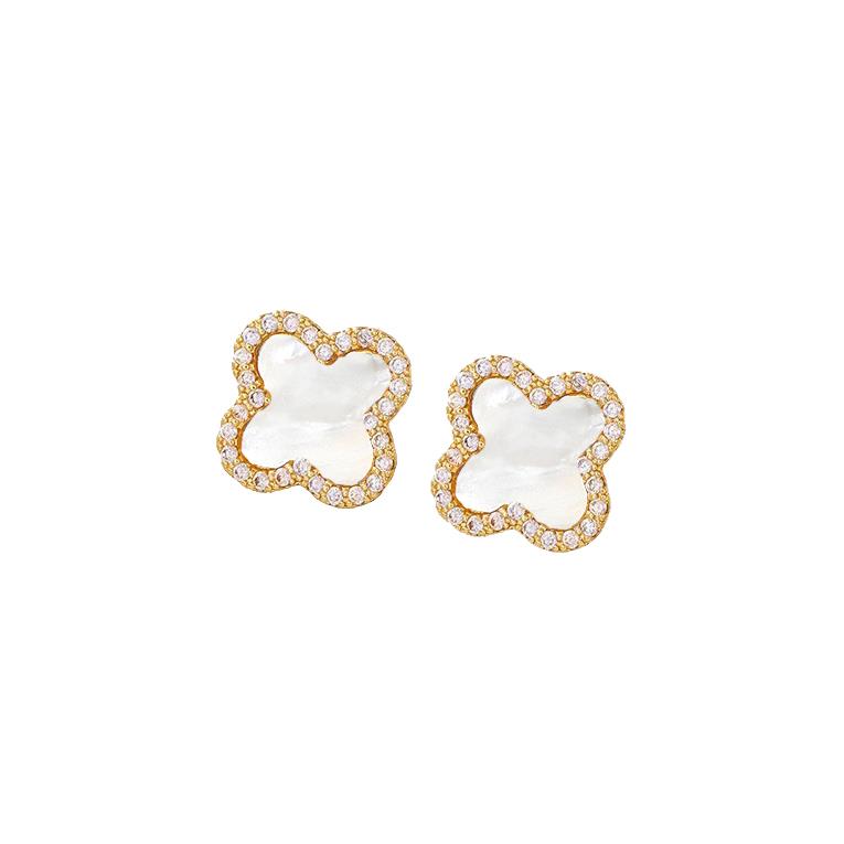Crystal encrusted clover earring in white with gold