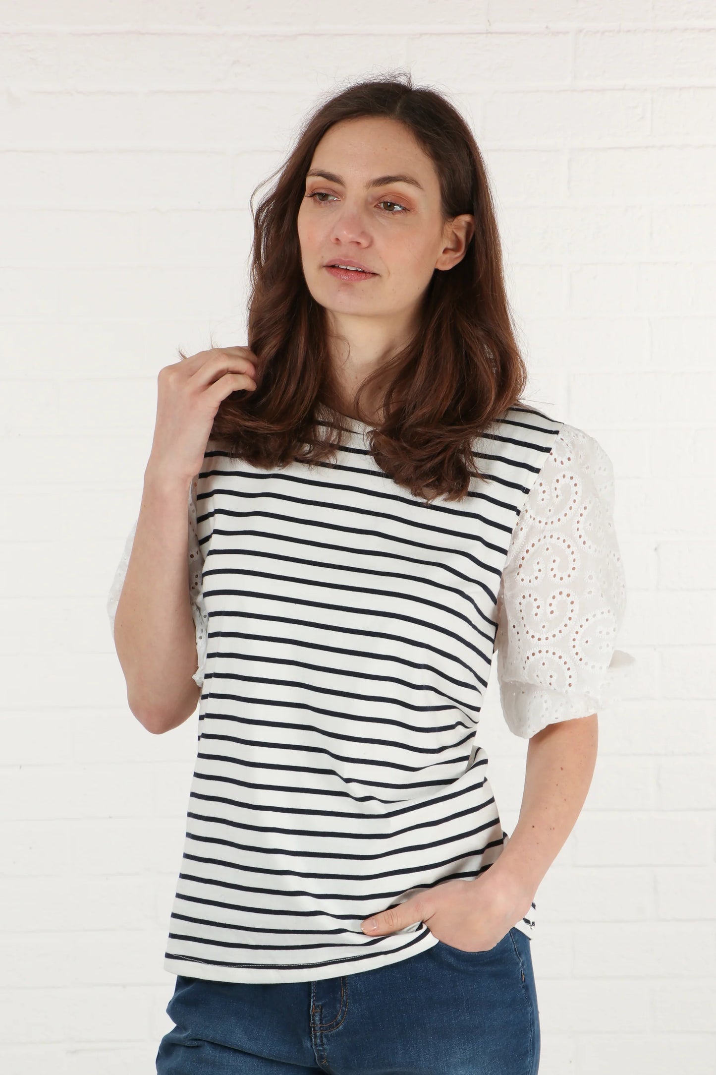 Broderie Anglaise Sleeve Striped Cotton T-Shirt in White & Navy Blue