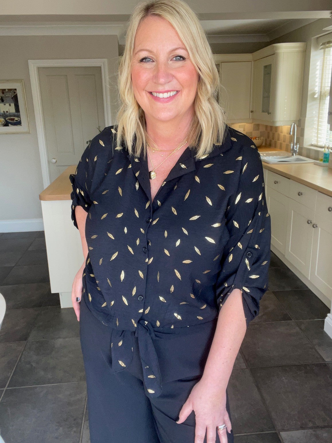 Black tie front shirt with gold leaf print