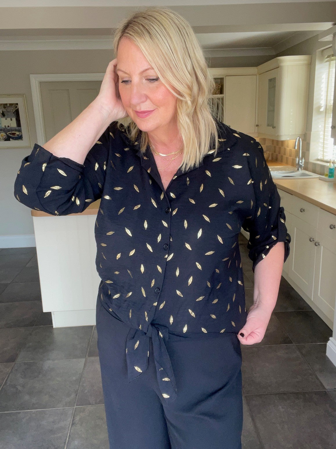 Black tie front shirt with gold leaf print