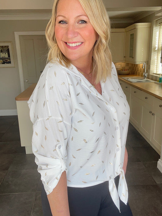 Off white tie front shirt with gold leaf print