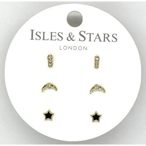Set Of 3 Earrings With Black Star Studs, Crescent moons and Diamante Bars