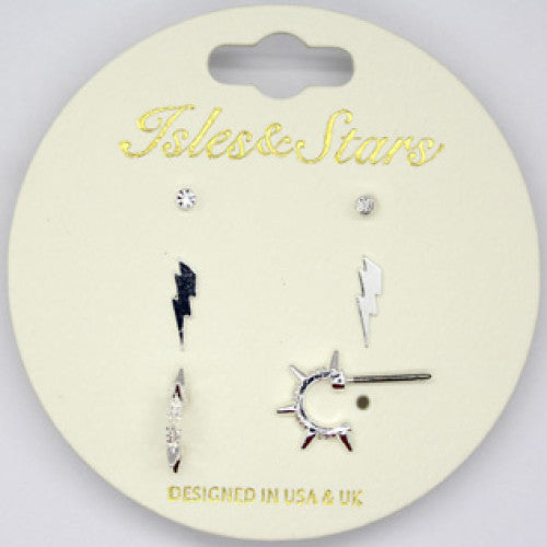 Set of 3 Earrings with Lightening Bolts, Diamante Studs and Spike Hoops