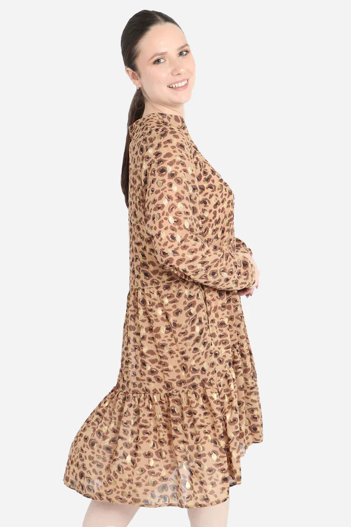 Miss Shorthair Neutral Leopard Print Tiered Midi Dress