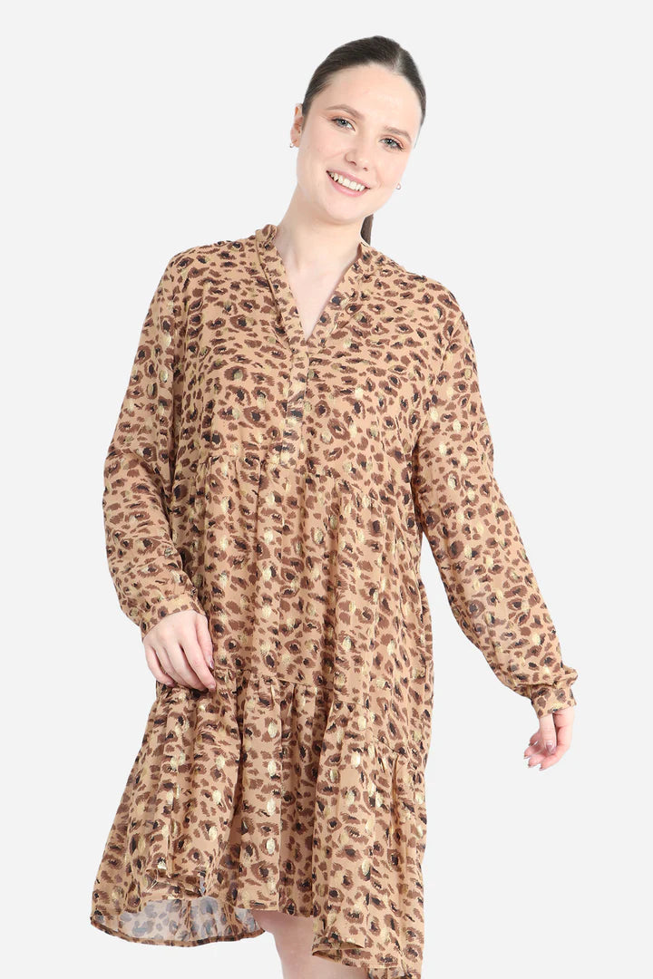 Miss Shorthair Neutral Leopard Print Tiered Midi Dress