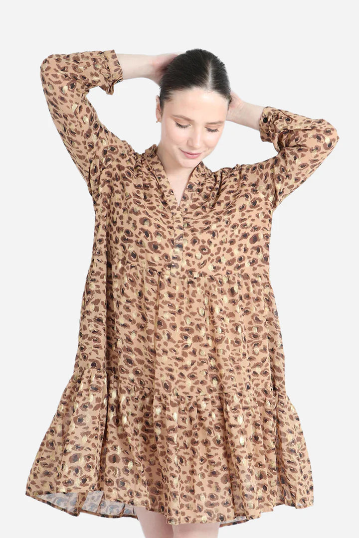 Miss Shorthair Neutral Leopard Print Tiered Midi Dress