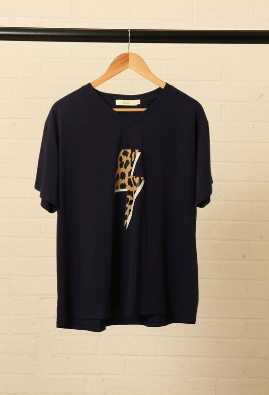 V Neck Leopard Lightening Bolt T-Shirt