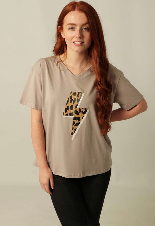 Miss Shorthair V Neck Leopard Lightening Bolt T-Shirt