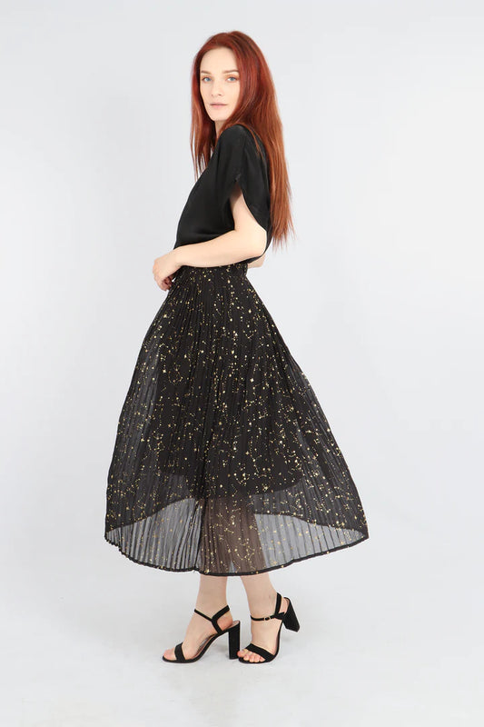 Miss Shorthair Black Gold Constellation Print Pleated Skirt