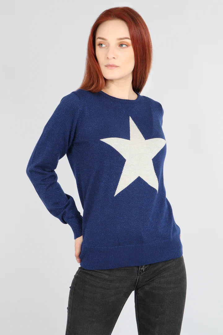 Miss Shorthair Silver Star Detail Lurex Knitted Jumper