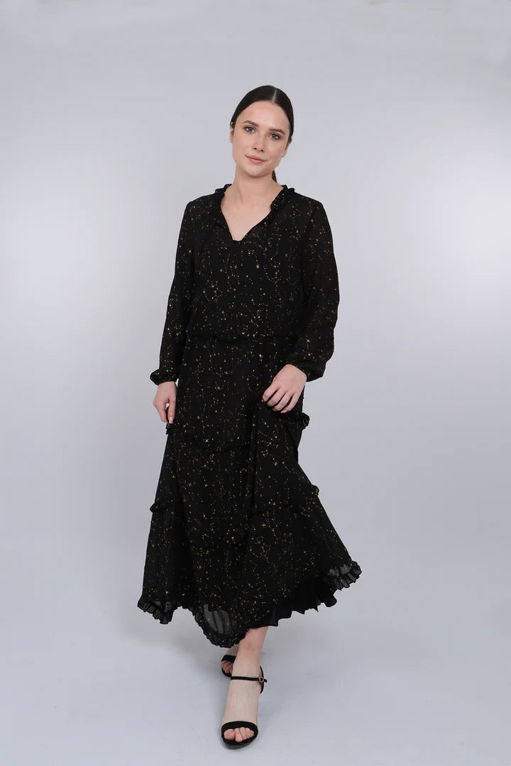 Miss Shorthair Black Gold Constellation Print Tiered Frill Dress