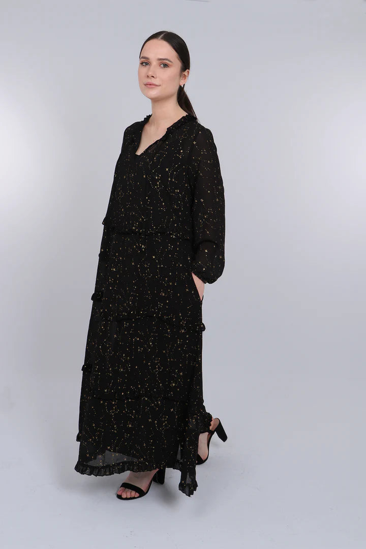 Miss Shorthair Black Gold Constellation Print Tiered Frill Dress