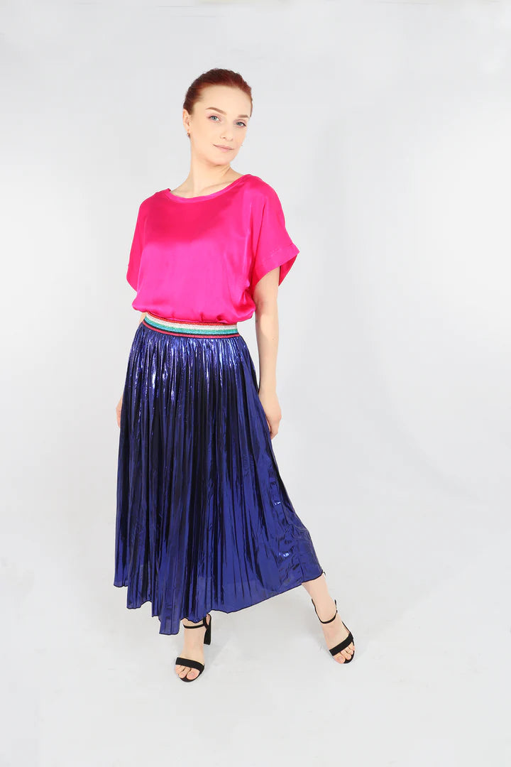 Miss Shorthair Royal Blue Foil Pleated Skirt with Glitter Stripe Waistband