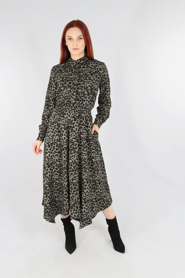 Khaki Leopard Print Hanky Hem Shirt Dress