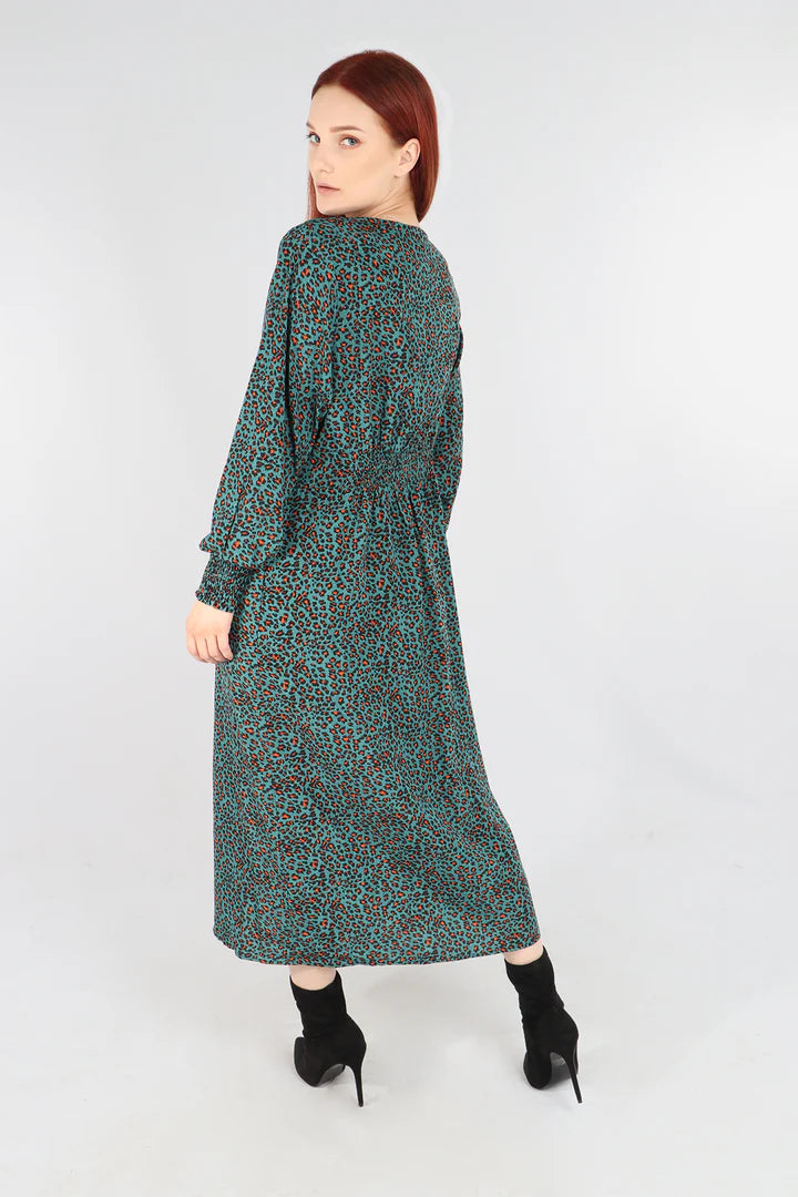 Miss Shorthair Small Leopard Print V-Neck Fitted Button Down Dress