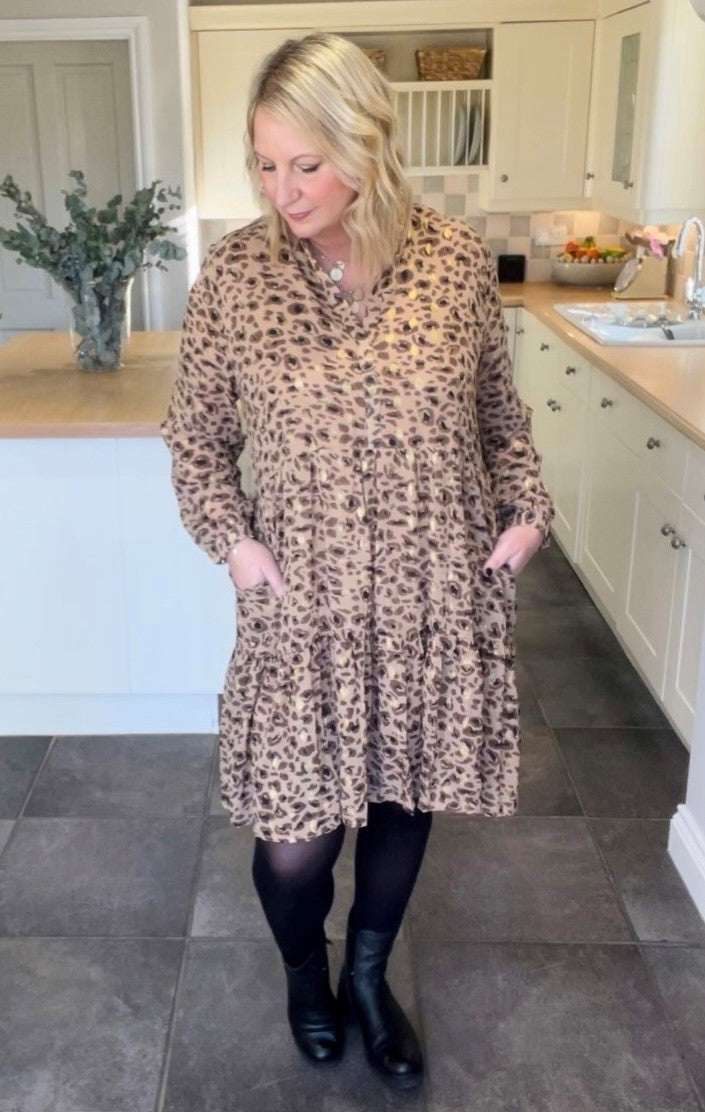 Miss Shorthair Neutral Leopard Print Tiered Midi Dress