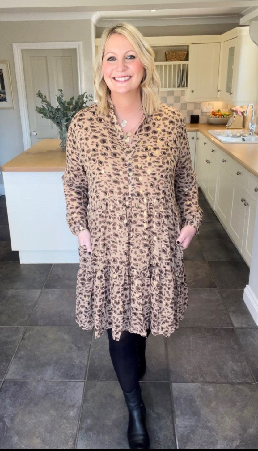 Miss Shorthair Neutral Leopard Print Tiered Midi Dress