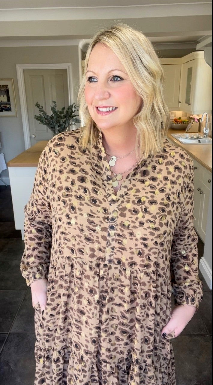 Miss Shorthair Neutral Leopard Print Tiered Midi Dress