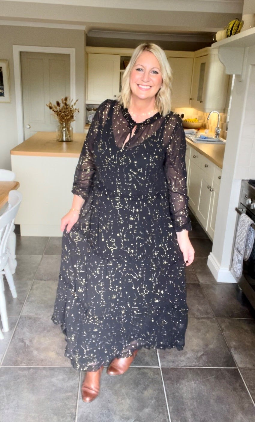 Miss Shorthair Black Gold Constellation Print Tiered Frill Dress