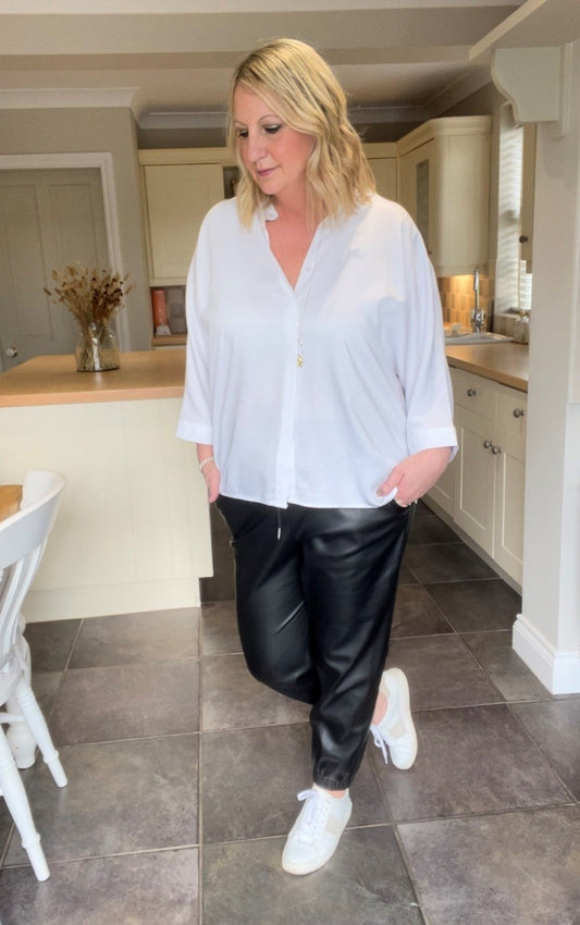 Band Collar Shirt with Bat Wing Sleeves