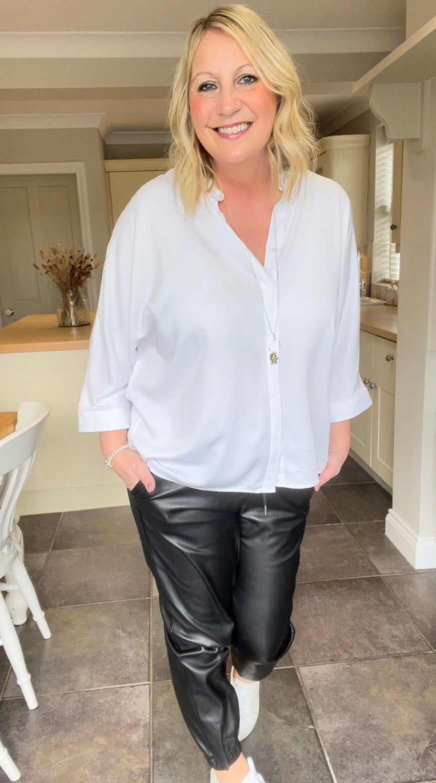 Band Collar Shirt with Bat Wing Sleeves