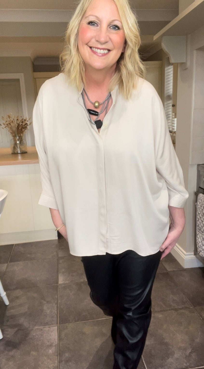 Band Collar Shirt with Bat Wing Sleeves