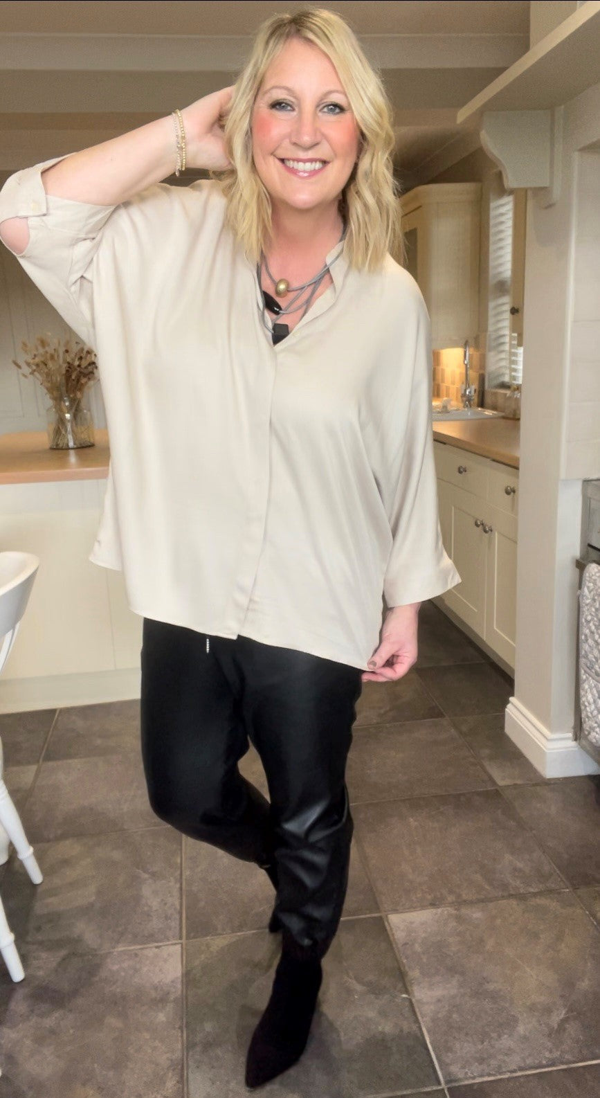 Band Collar Shirt with Bat Wing Sleeves