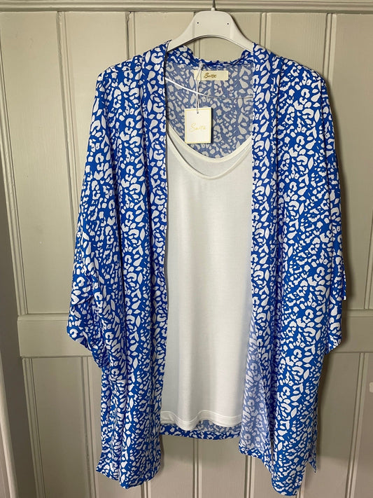 Sarta Blue Two Tone Leopard Print Kimono