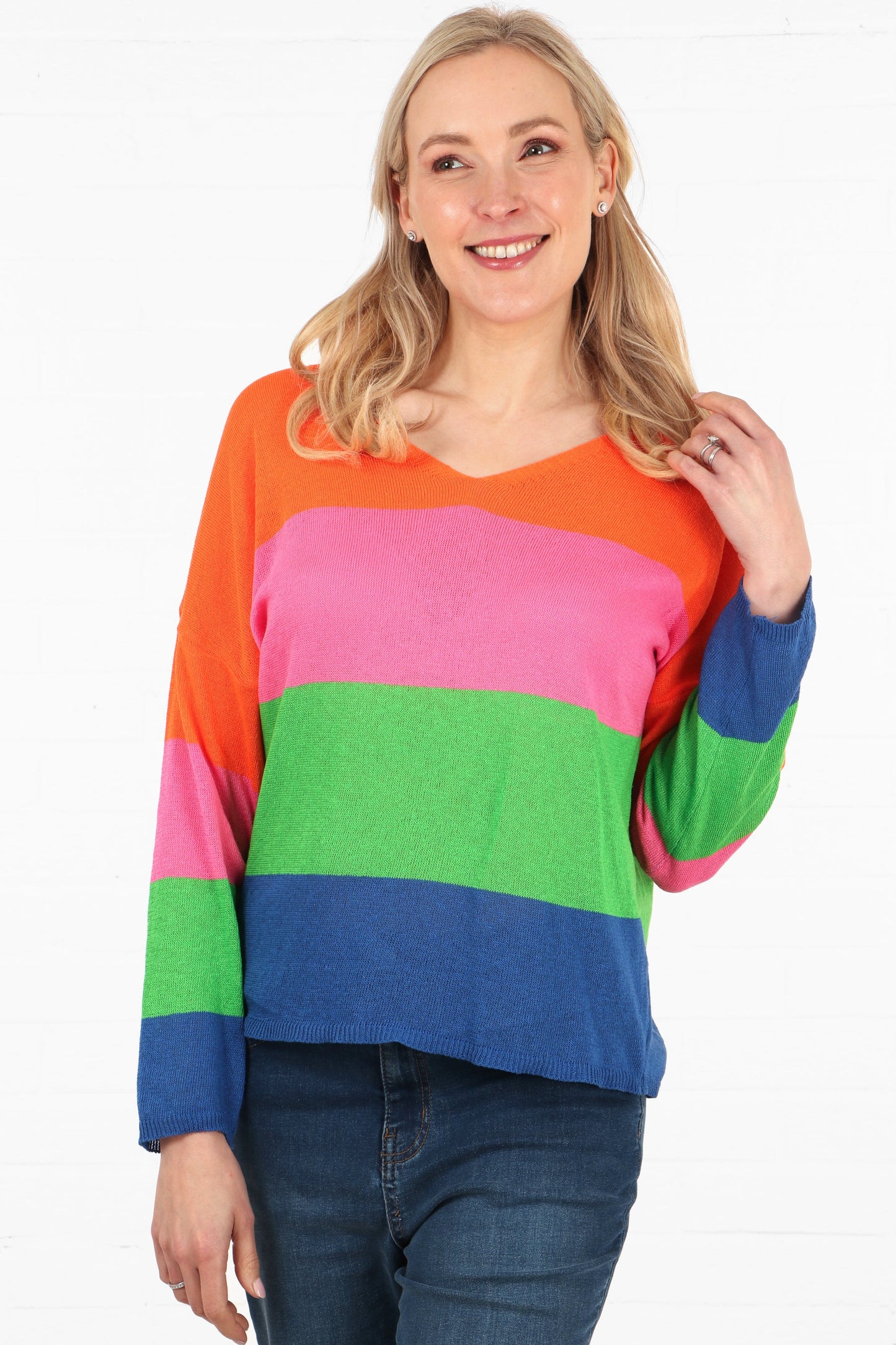 Colourblock Stripe V-Neck Lightweight Cotton Jumper in Orange Blue Pink