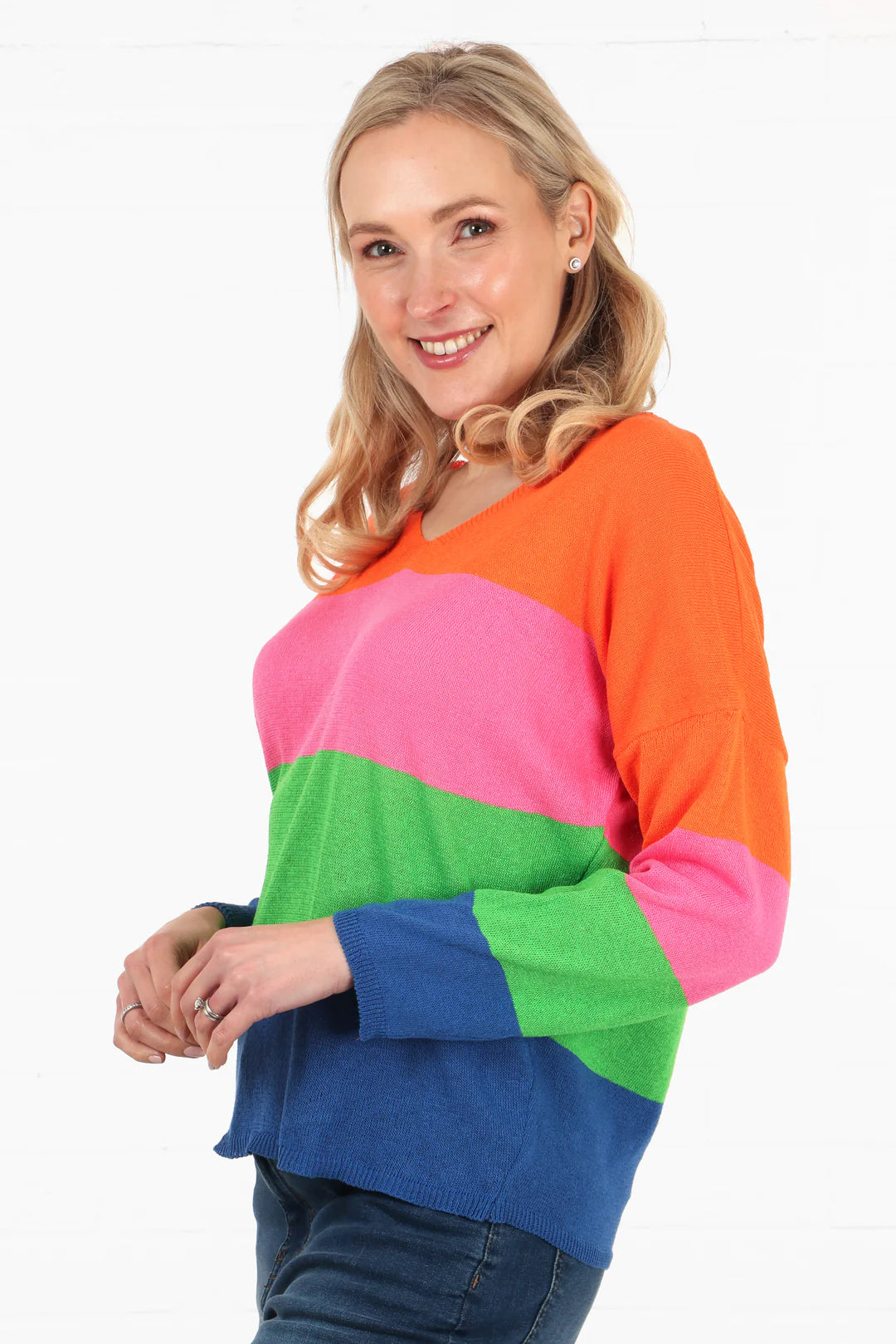 Colourblock Stripe V-Neck Lightweight Cotton Jumper in Orange Blue Pink