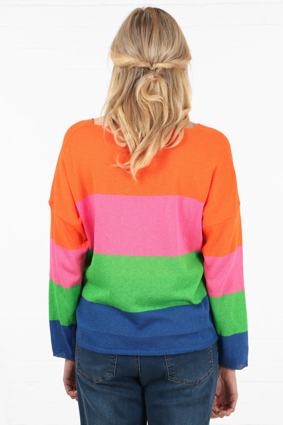 Colourblock Stripe V-Neck Lightweight Cotton Jumper in Orange Blue Pink