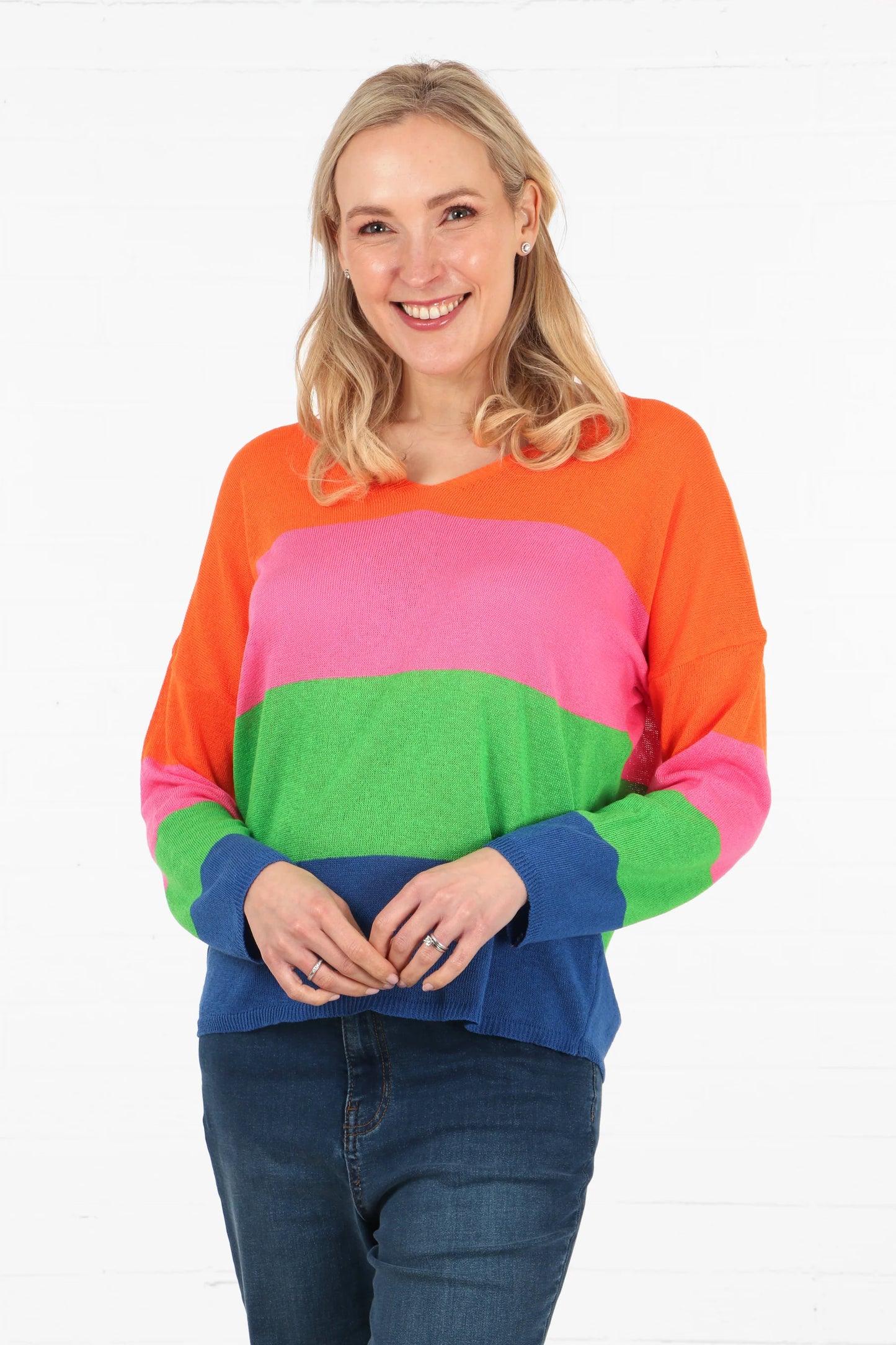 Colourblock Stripe V-Neck Lightweight Cotton Jumper in Orange Blue Pink