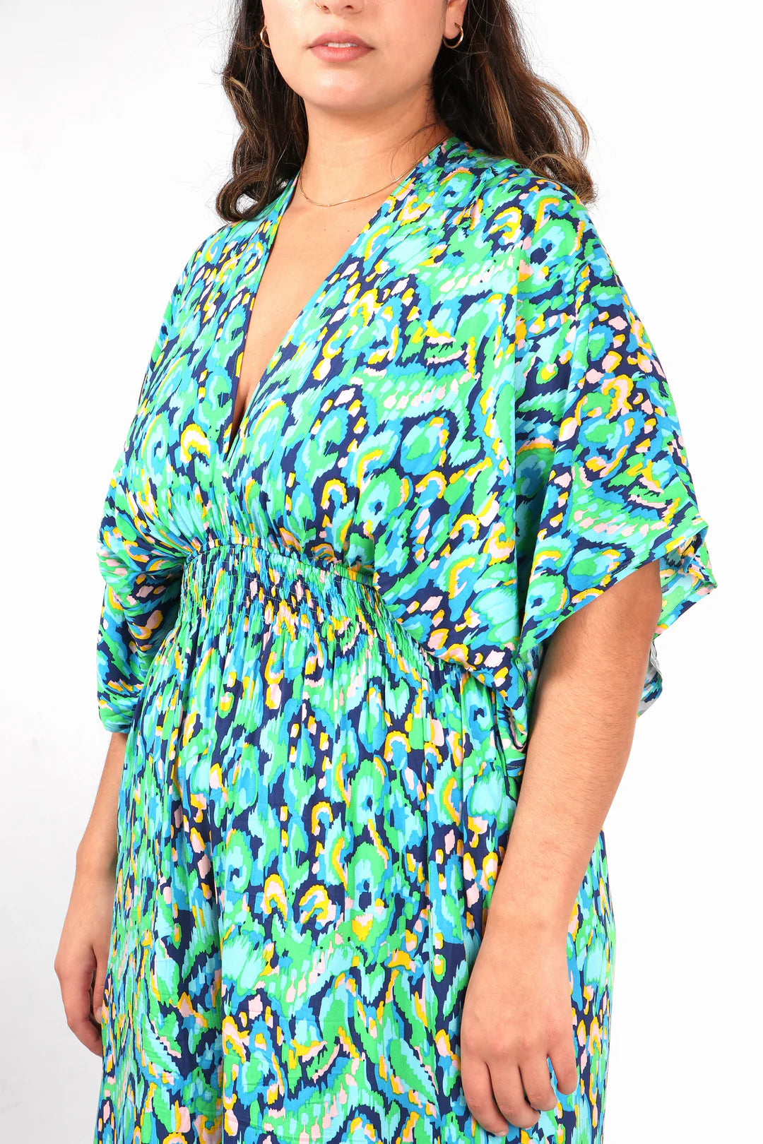 Wide Leg Jumpsuit with a Deep V Neck in Green & Blue