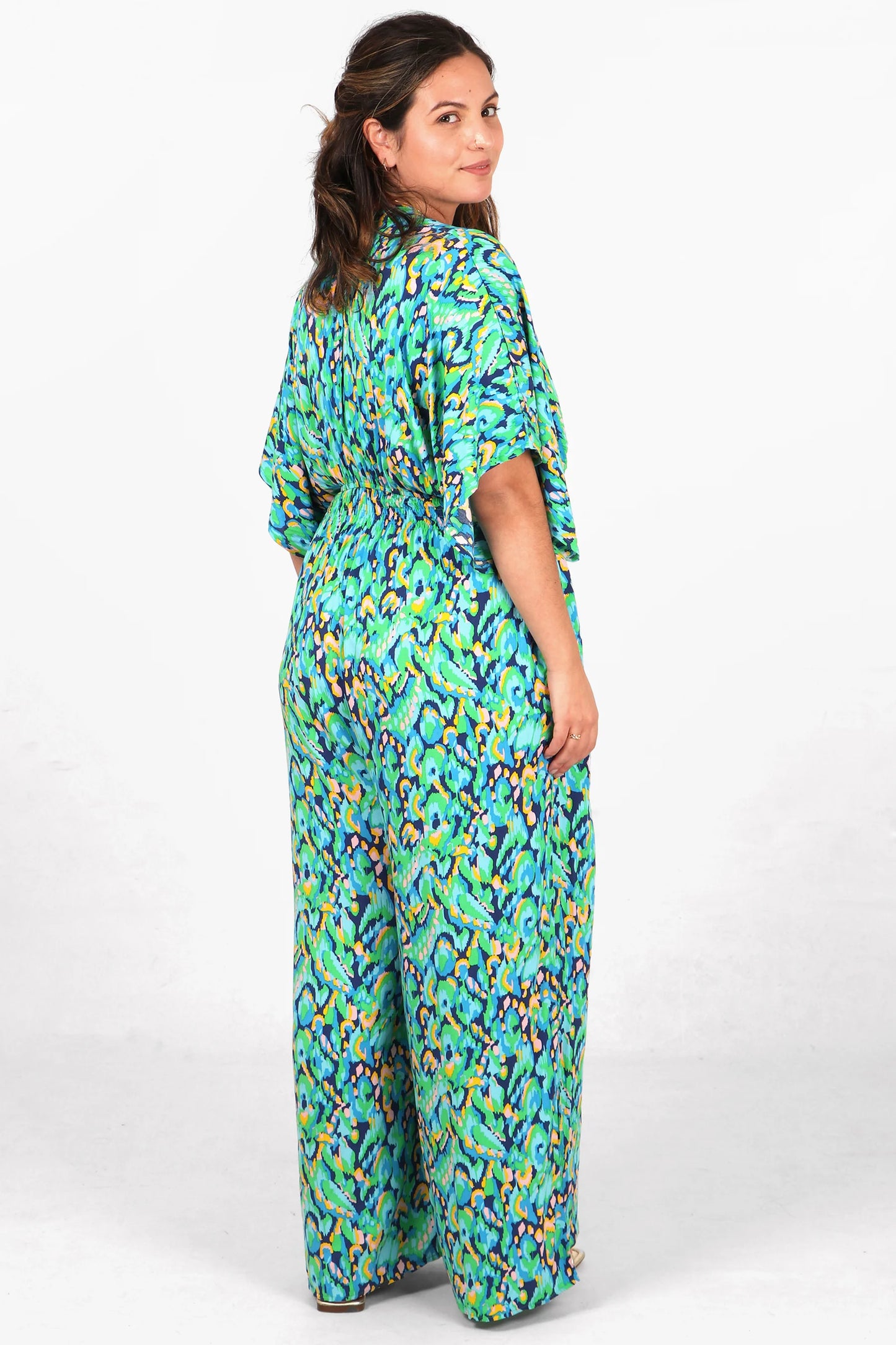 Wide Leg Jumpsuit with a Deep V Neck in Green & Blue