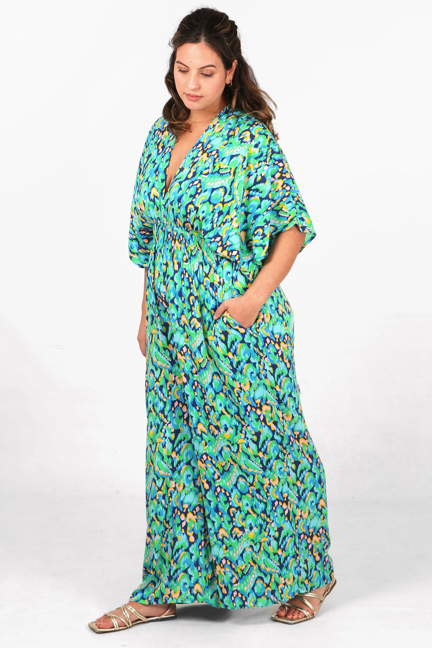 Wide Leg Jumpsuit with a Deep V Neck in Green & Blue