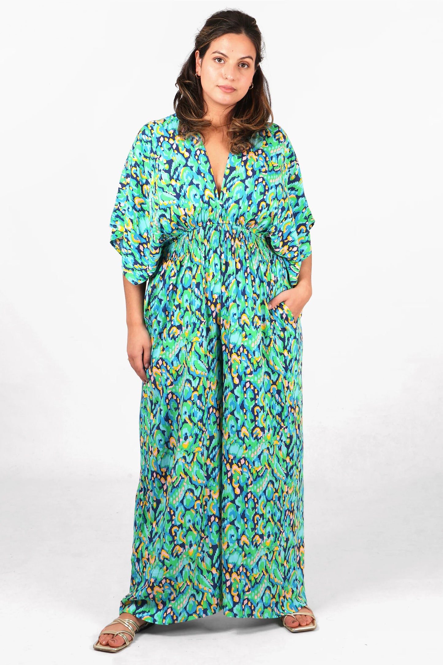 Wide Leg Jumpsuit with a Deep V Neck in Green & Blue