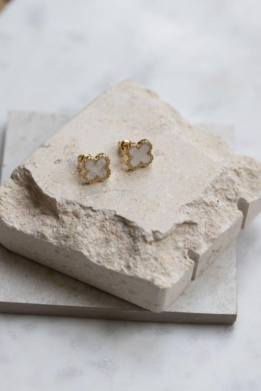 Crystal encrusted clover earring in white with gold