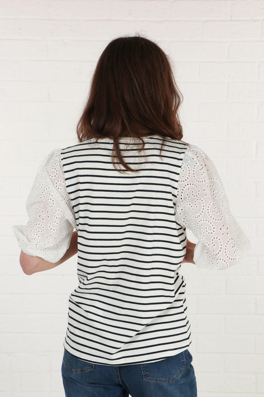 Broderie Anglaise Sleeve Striped Cotton T-Shirt in White & Navy Blue