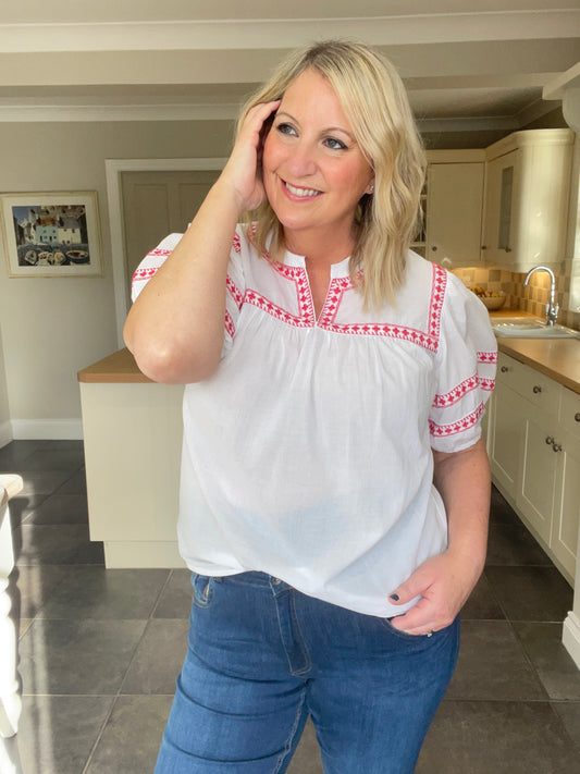 Short Sleeve Cotton Blouse with Red Embroidery in White