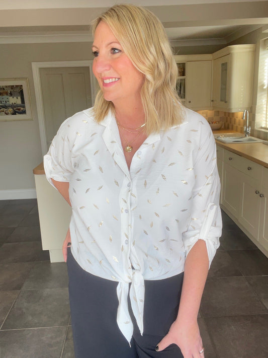 Off white tie front shirt with gold leaf print
