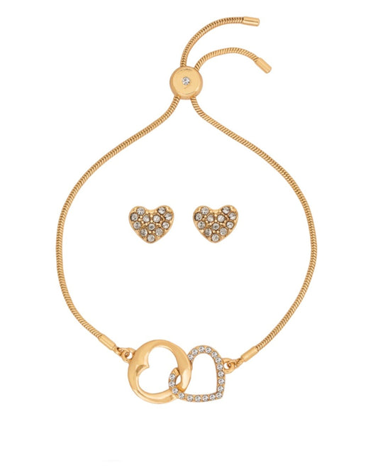 Gold Entwined Sparkly Heart Charm Bracelet & Earring Set