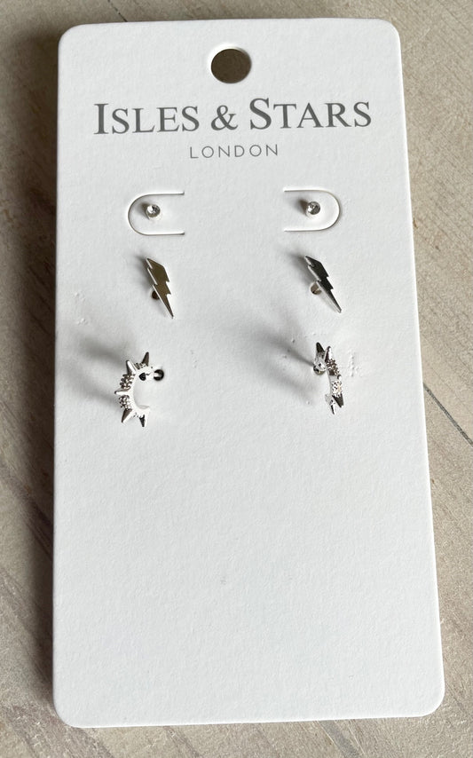 Set of 3 Earrings with Lightening Bolts, Diamante Studs and Spike Hoops