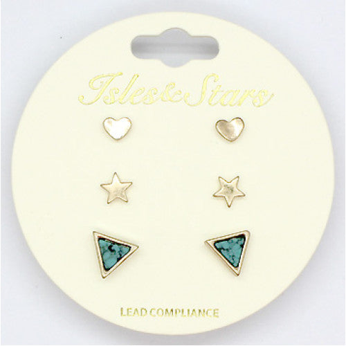 Set of 3 Earrings with Turquoise Triangle Stone, Mini Stars And Mini Hearts