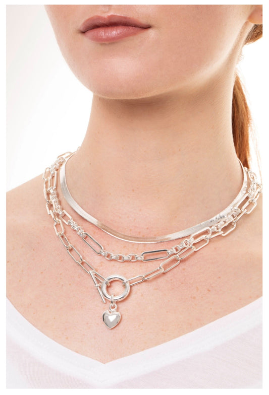 Silver Chunky Layered Hoop & Bar Heart Necklace