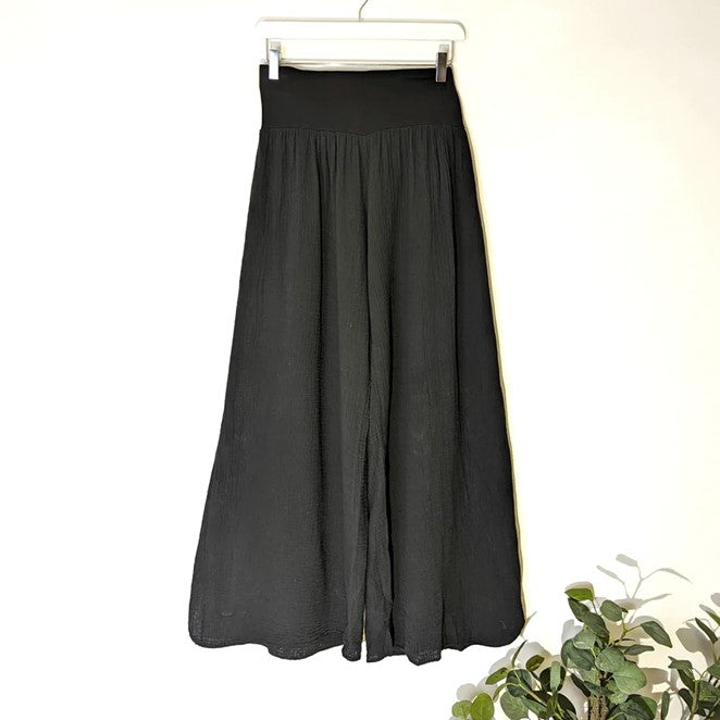 Black Wide leg vintage wash crinkle cotton trousers with side splits