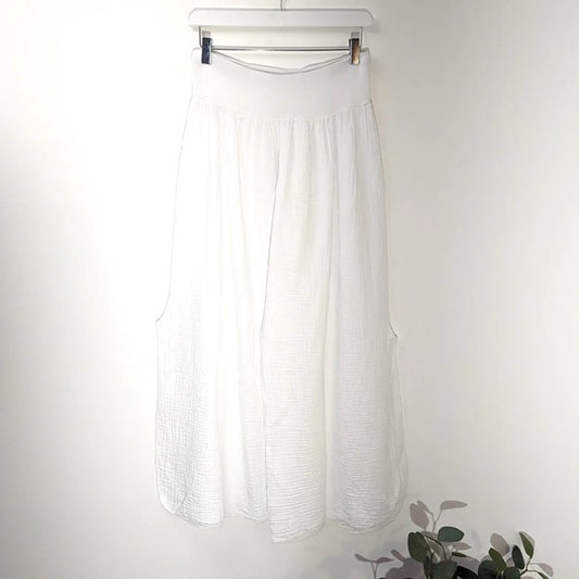 White Wide leg vintage wash crinkle cotton trousers with side splits