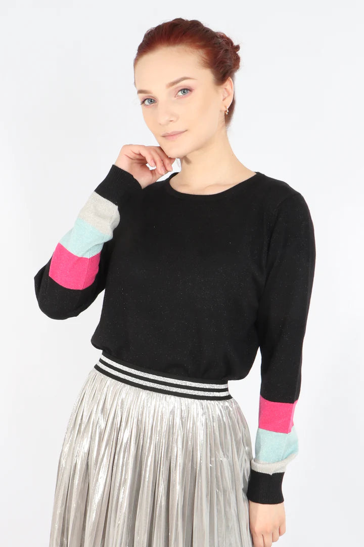 Miss Shorthair Black Rainbow Cuff Lurex Knitted Jumper